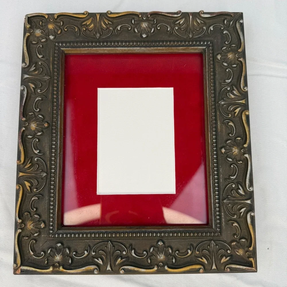 Vintage Ornate Baroque Bronze Gold Picture Frame Red Velvet Mat 8x9.25